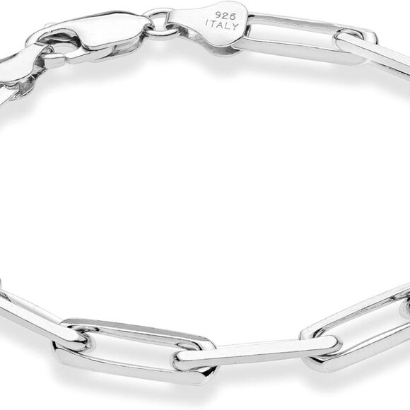 Sterling Silver Paperclip Chain Bracelet 7.5 Inches Unisex Italian Jewelry - Picture 1 of 5